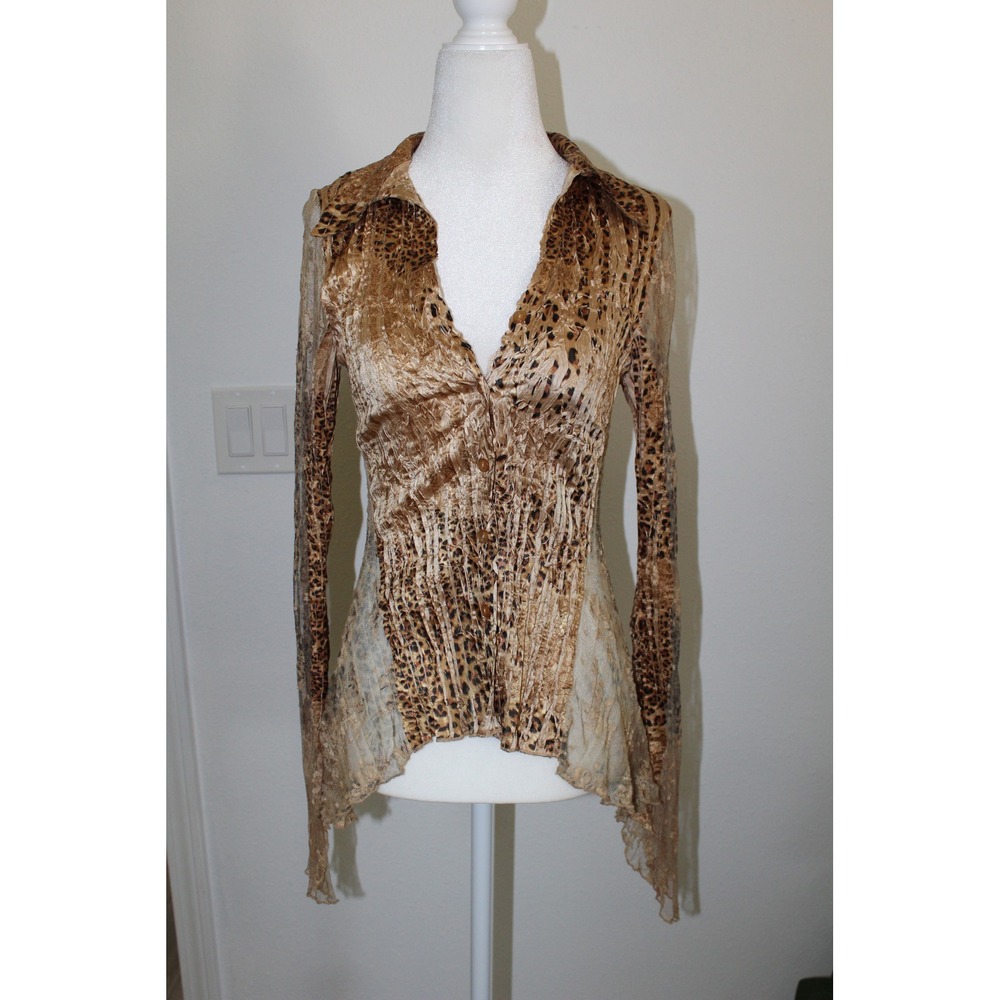 VTG Cache Leopard Print Crinkle Lace Asymmetrical Button Down Top Small